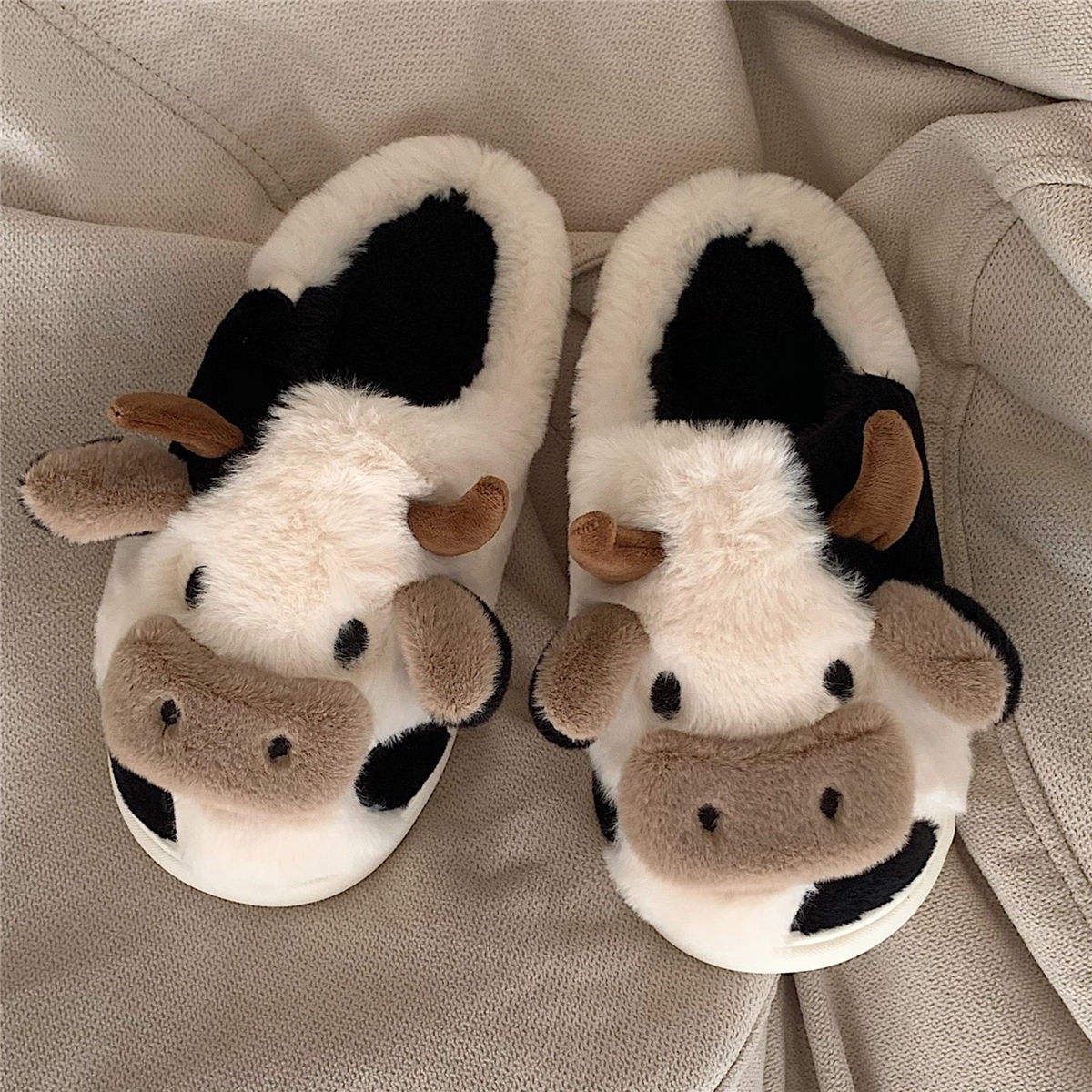 XIXITIAO Cute Cow fuzzy animal Plush Slippers Warm Home Indoor Winter PVC Cotton Fabric Winter Shoes Winter slippers for Women